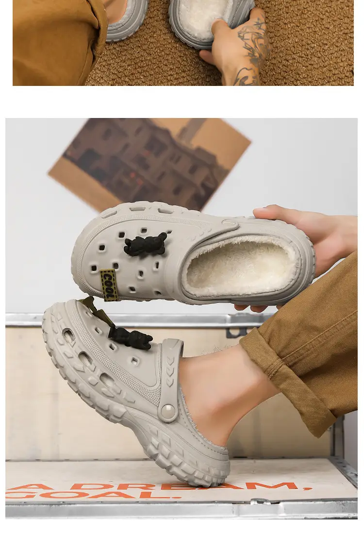 Hole Shoes Men's Winter fleece-lined Warm Detachable Dual-purpose Cotton Slippers Tire Bottom Non-slip Office Sports Slippers — feature 11
