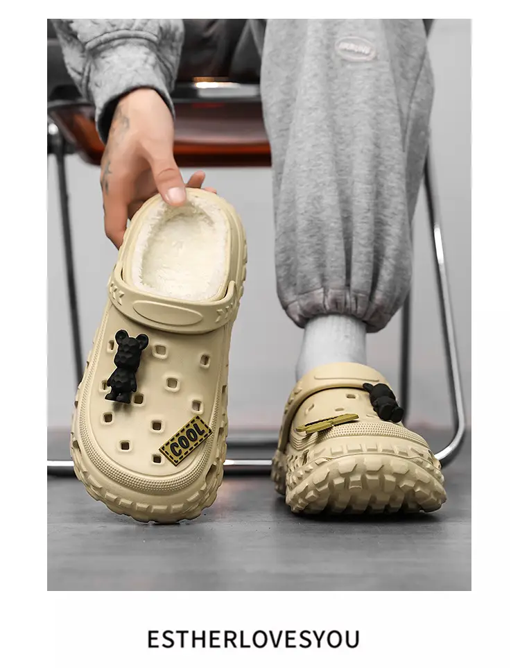 Hole Shoes Men's Winter fleece-lined Warm Detachable Dual-purpose Cotton Slippers Tire Bottom Non-slip Office Sports Slippers — feature 13