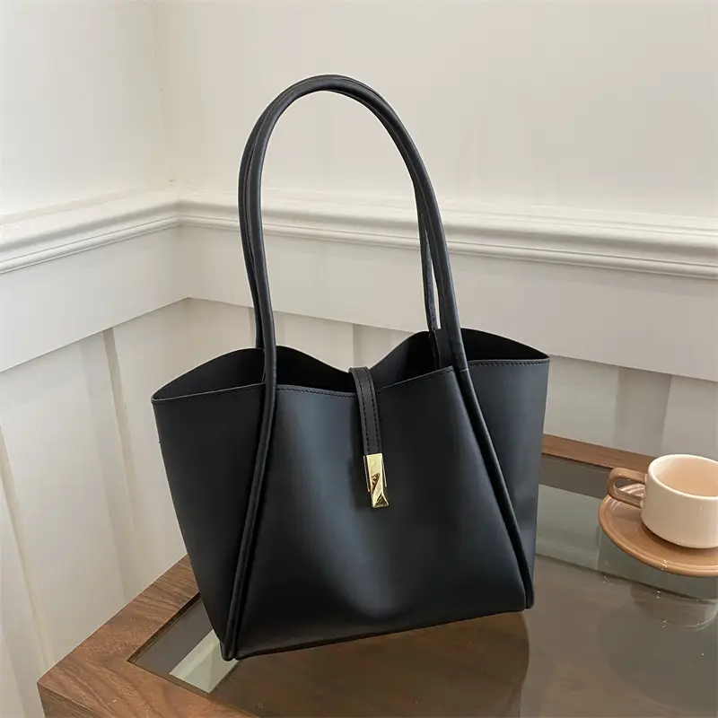 Black Women's Large Capacity Tote Bag with Gold Clasp - Image 7