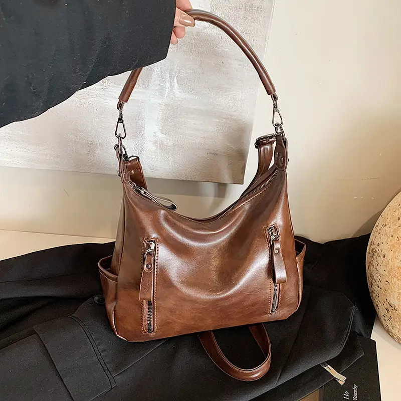 Brown Textured Multi-Zipper Shoulder Bag for Women