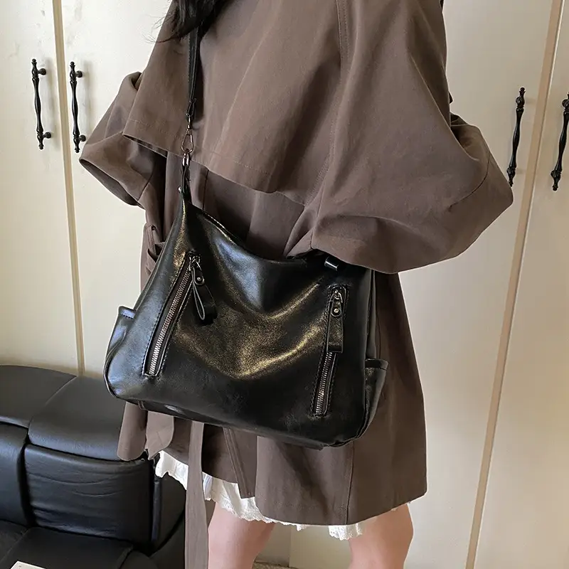 Brown Textured Multi-Zipper Shoulder Bag for Women