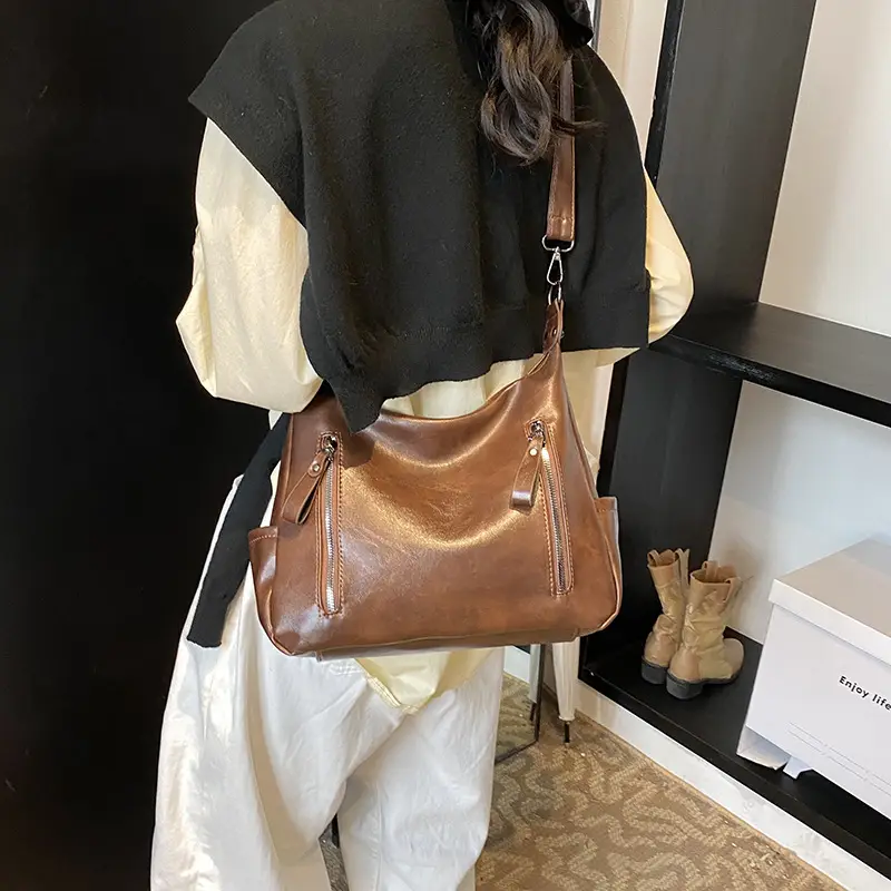 Brown Textured Multi-Zipper Shoulder Bag for Women
