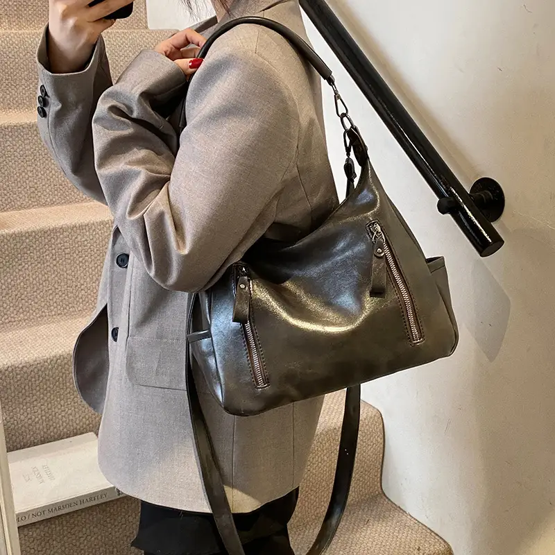 Brown Textured Multi-Zipper Shoulder Bag for Women