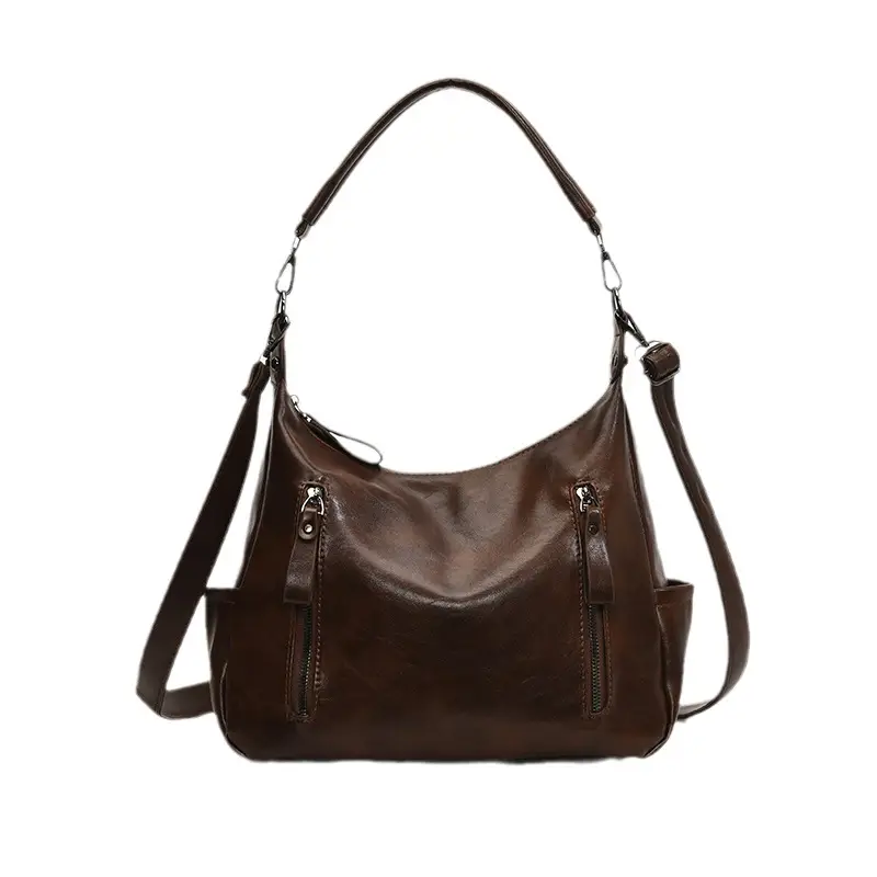Brown Textured Multi-Zipper Shoulder Bag for Women