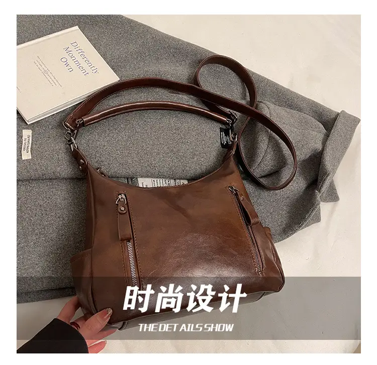 Brown Textured Multi-Zipper Shoulder Bag for Women — feature 12
