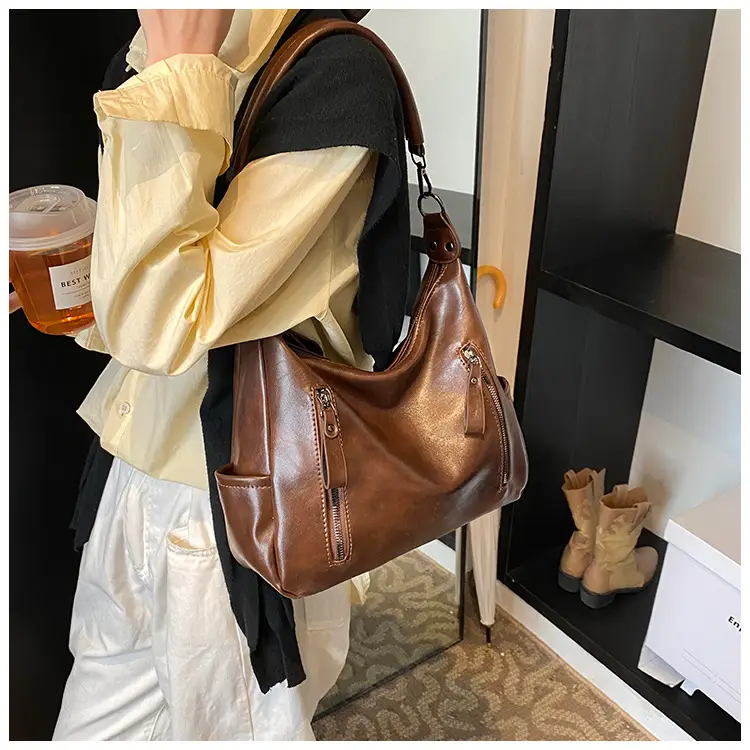 Brown Textured Multi-Zipper Shoulder Bag for Women — feature 15