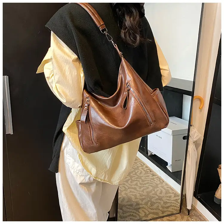 Brown Textured Multi-Zipper Shoulder Bag for Women — feature 16