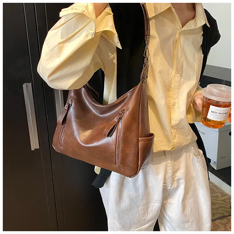 Brown Textured Multi-Zipper Shoulder Bag for Women — feature 17