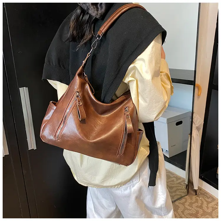 Brown Textured Multi-Zipper Shoulder Bag for Women — feature 18