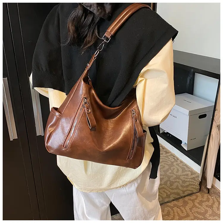 Brown Textured Multi-Zipper Shoulder Bag for Women — feature 19