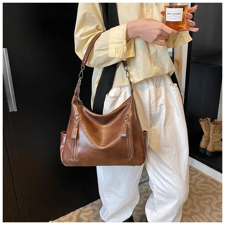 Brown Textured Multi-Zipper Shoulder Bag for Women — feature 20