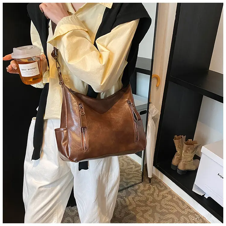 Brown Textured Multi-Zipper Shoulder Bag for Women — feature 21