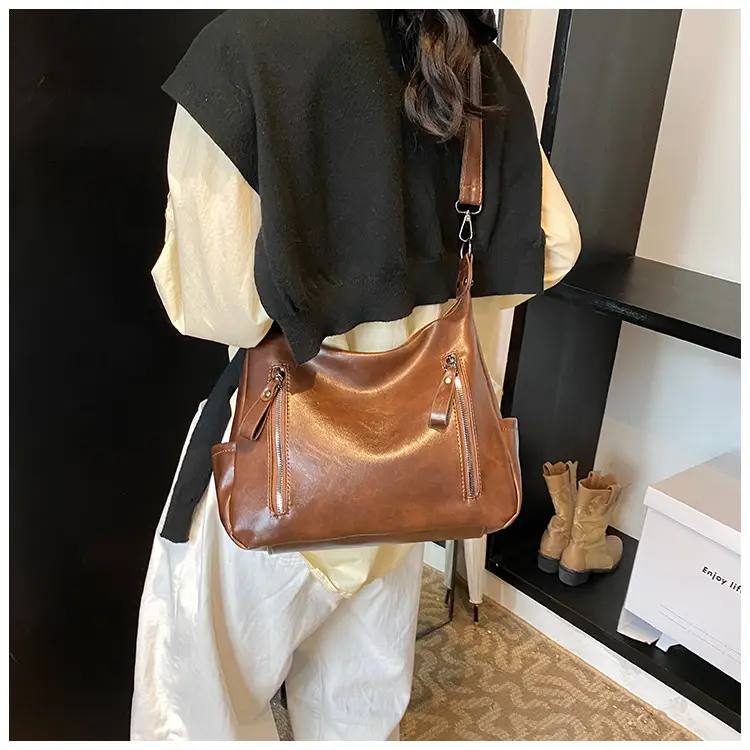 Brown Textured Multi-Zipper Shoulder Bag for Women — feature 22