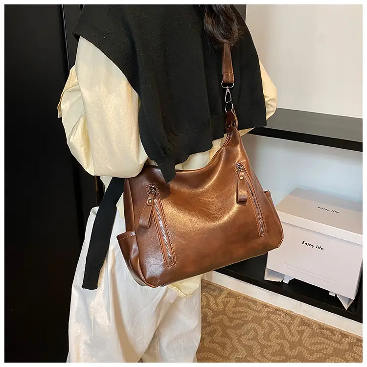 Brown Textured Multi-Zipper Shoulder Bag for Women — feature 23