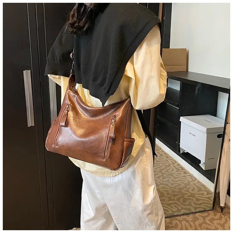 Brown Textured Multi-Zipper Shoulder Bag for Women — feature 24