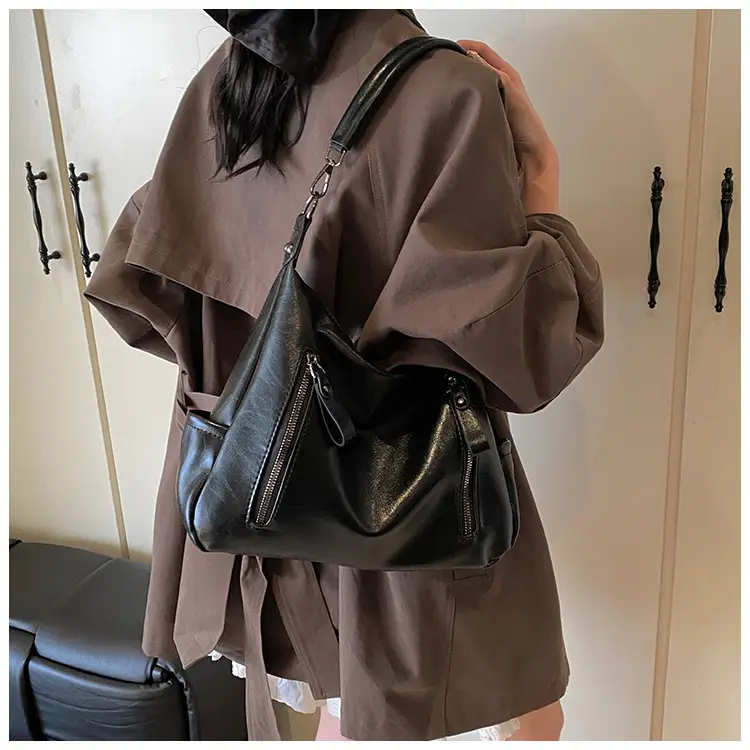 Brown Textured Multi-Zipper Shoulder Bag for Women — feature 27