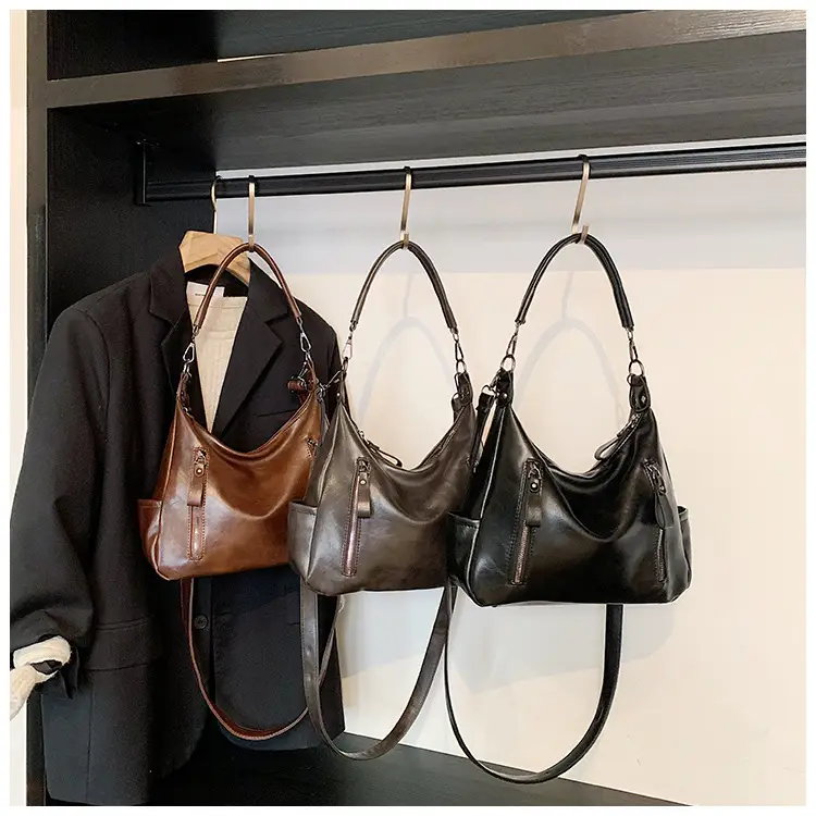 Brown Textured Multi-Zipper Shoulder Bag for Women — feature 3