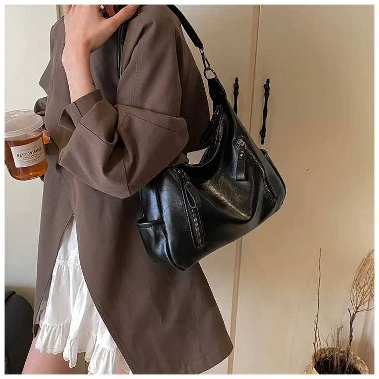 Brown Textured Multi-Zipper Shoulder Bag for Women — feature 30