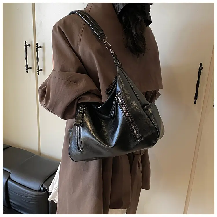 Brown Textured Multi-Zipper Shoulder Bag for Women — feature 31