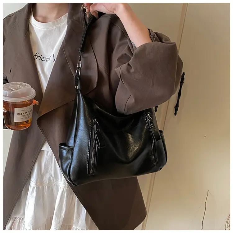 Brown Textured Multi-Zipper Shoulder Bag for Women — feature 32