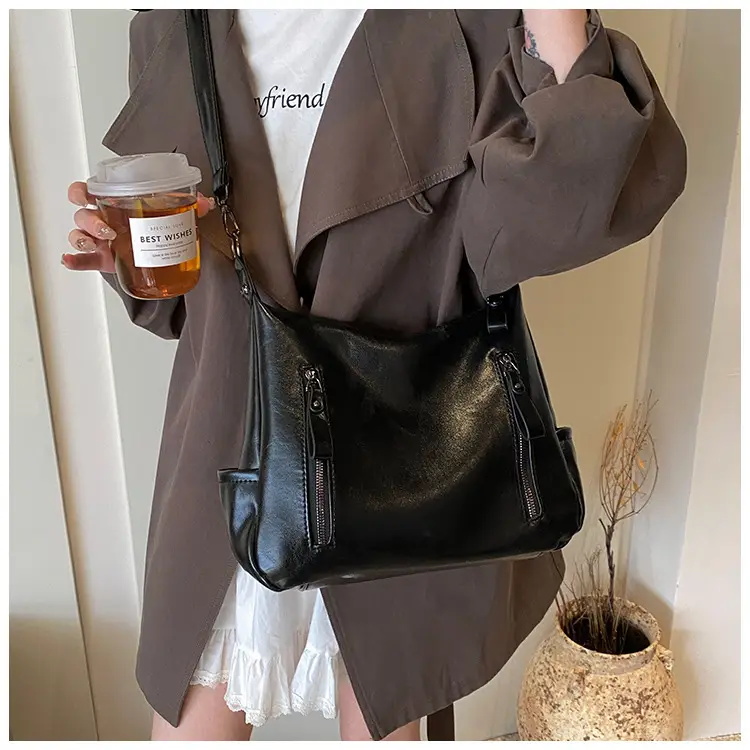 Brown Textured Multi-Zipper Shoulder Bag for Women — feature 34