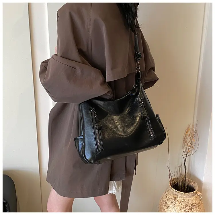 Brown Textured Multi-Zipper Shoulder Bag for Women — feature 35
