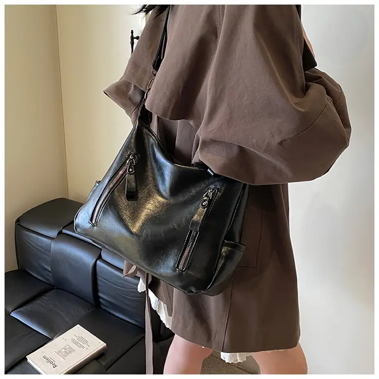 Brown Textured Multi-Zipper Shoulder Bag for Women — feature 36
