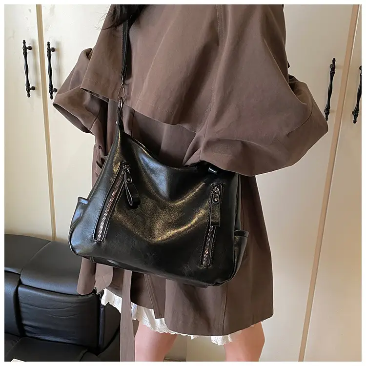 Brown Textured Multi-Zipper Shoulder Bag for Women — feature 37