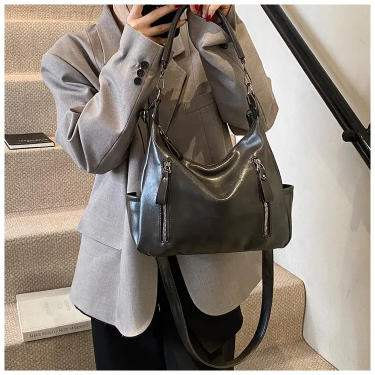 Brown Textured Multi-Zipper Shoulder Bag for Women — feature 38