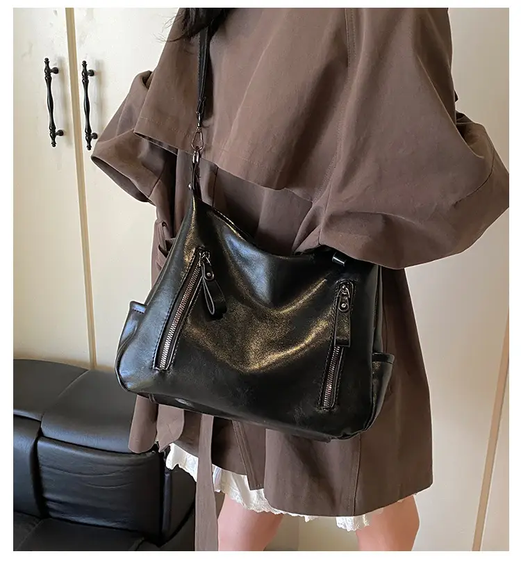 Brown Textured Multi-Zipper Shoulder Bag for Women — feature 4