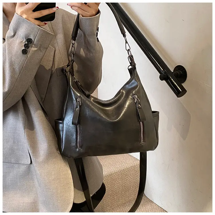Brown Textured Multi-Zipper Shoulder Bag for Women — feature 41