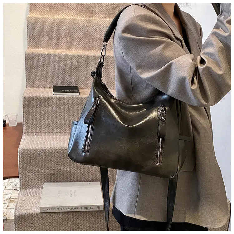 Brown Textured Multi-Zipper Shoulder Bag for Women — feature 42