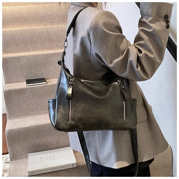 Brown Textured Multi-Zipper Shoulder Bag for Women — feature 43