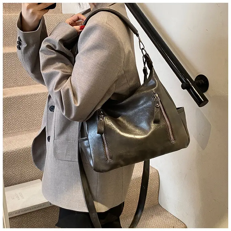 Brown Textured Multi-Zipper Shoulder Bag for Women — feature 44