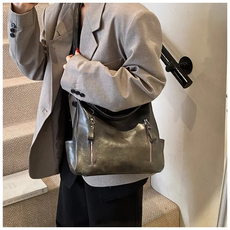 Brown Textured Multi-Zipper Shoulder Bag for Women — feature 45
