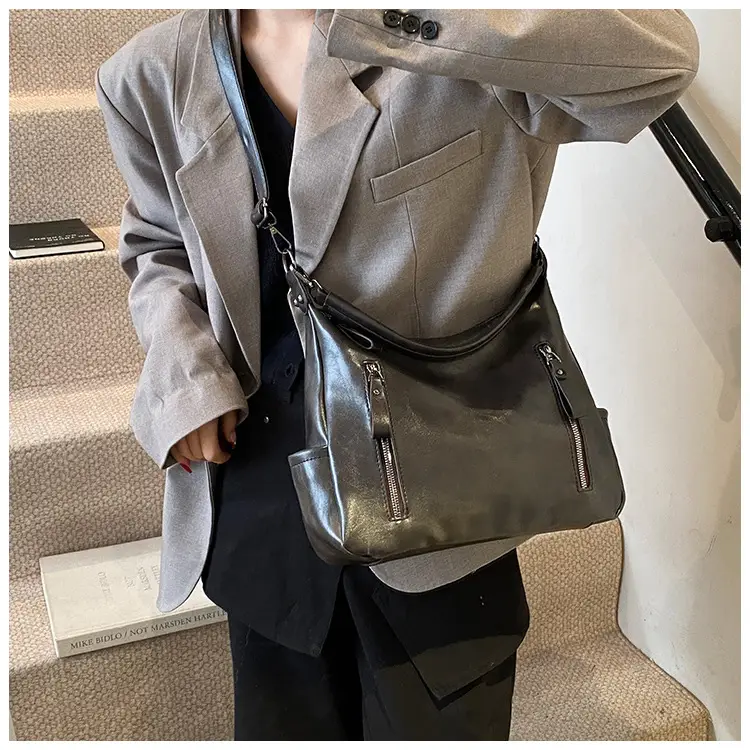 Brown Textured Multi-Zipper Shoulder Bag for Women — feature 46