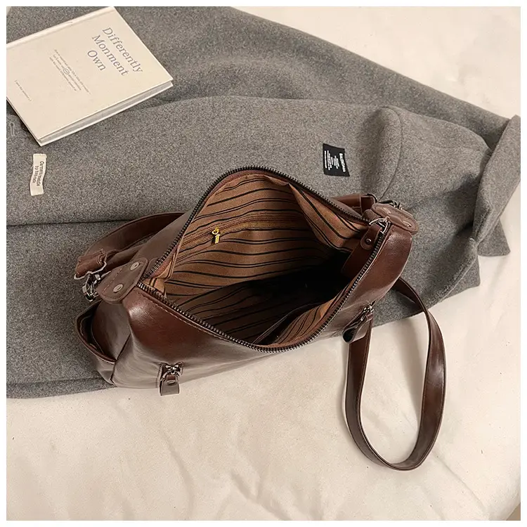 Brown Textured Multi-Zipper Shoulder Bag for Women — feature 47