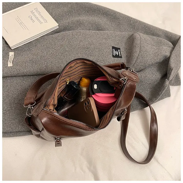 Brown Textured Multi-Zipper Shoulder Bag for Women — feature 48