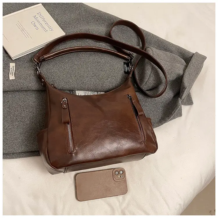 Brown Textured Multi-Zipper Shoulder Bag for Women — feature 49