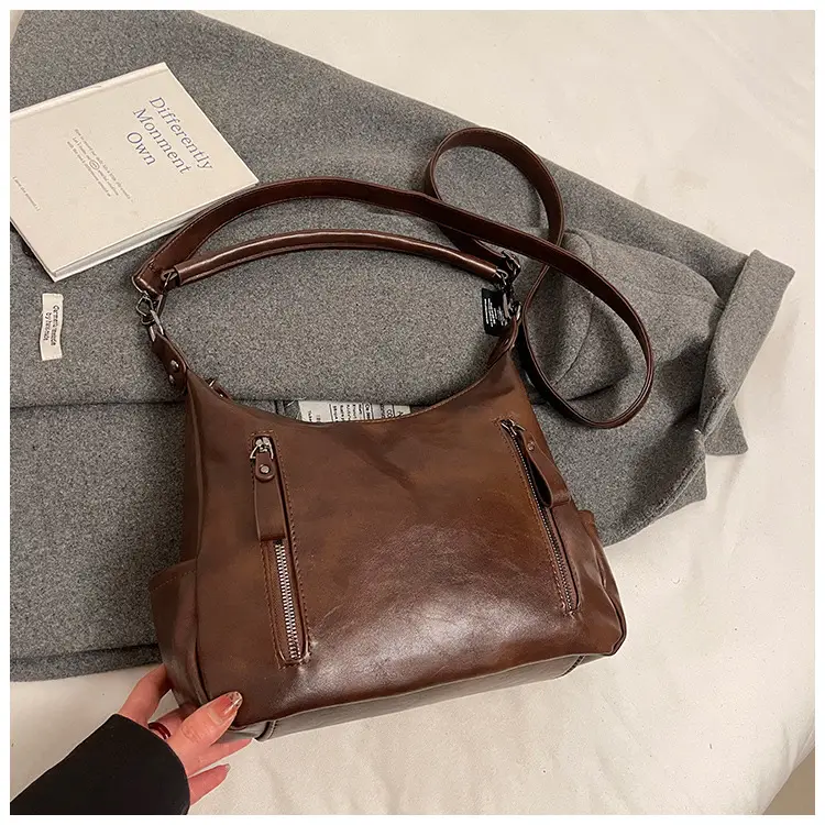 Brown Textured Multi-Zipper Shoulder Bag for Women — feature 50