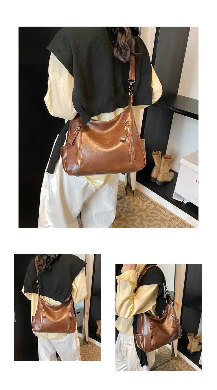 Brown Textured Multi-Zipper Shoulder Bag for Women — feature 8