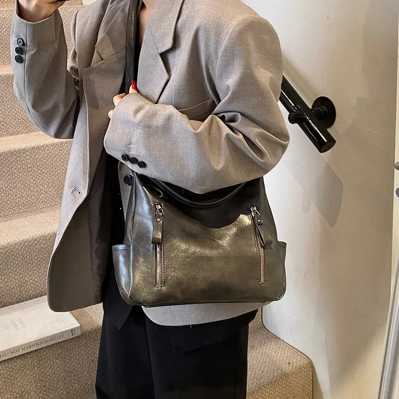 Brown Textured Multi-Zipper Shoulder Bag for Women