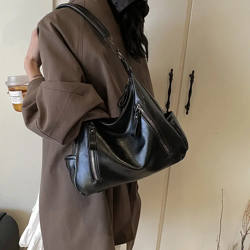 Brown Textured Multi-Zipper Shoulder Bag for Women