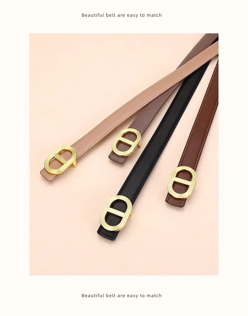 Women's Brown Leather Belt with Gold Buckle — feature 25
