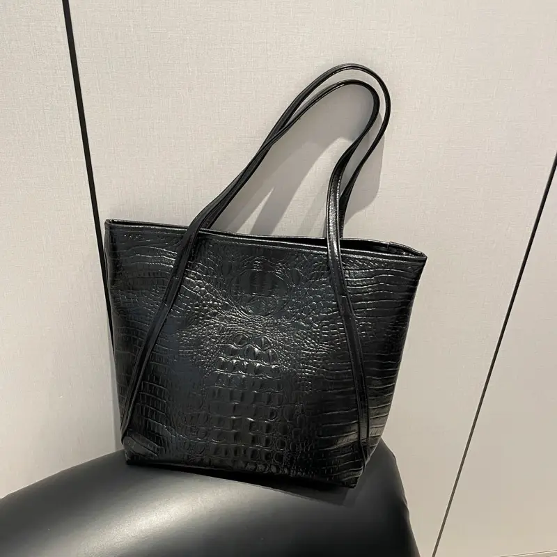 Black Croc Embossed Shoulder Tote Bag for Women - Image 5