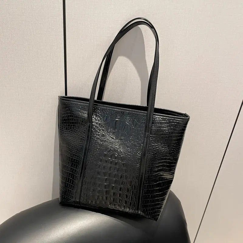 Black Croc Embossed Shoulder Tote Bag for Women - Image 6