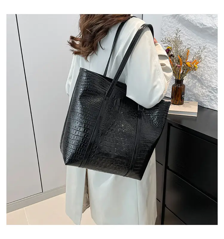 Black Croc Embossed Shoulder Tote Bag for Women — feature 11