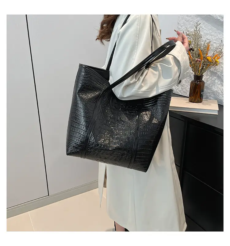 Black Croc Embossed Shoulder Tote Bag for Women — feature 12
