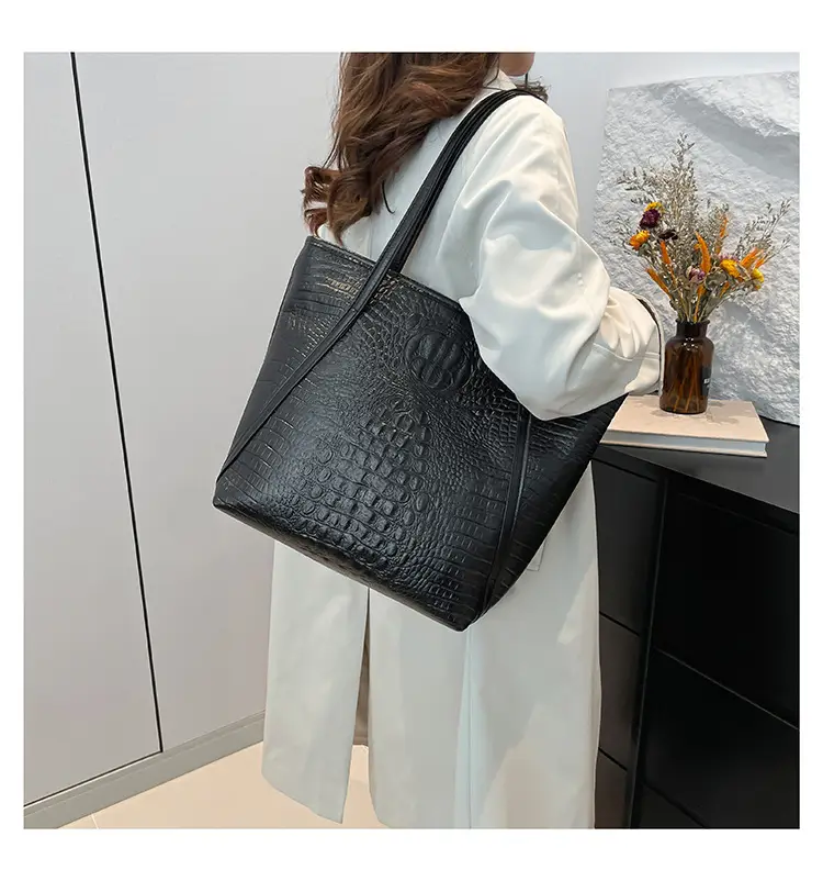 Black Croc Embossed Shoulder Tote Bag for Women — feature 13