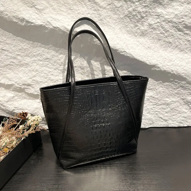 Black Croc Embossed Shoulder Tote Bag for Women - Image 2